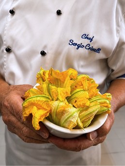 Chef com flores de courgette frescas